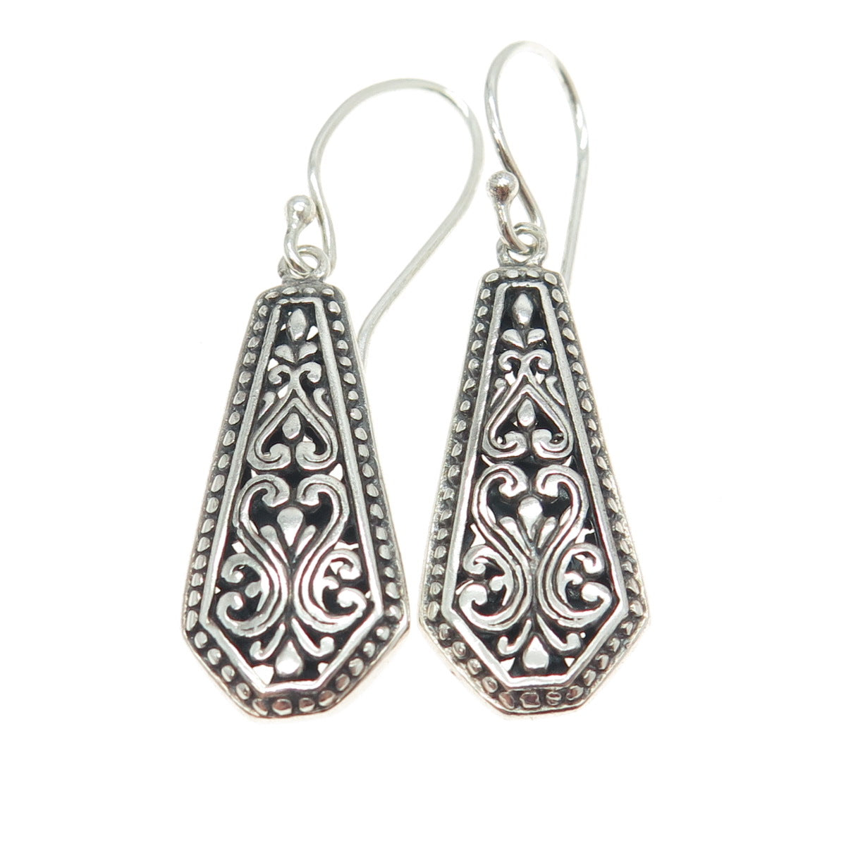 925 Sterling Silver Vintage Ornate Floral Teardrop Dangling Earrings