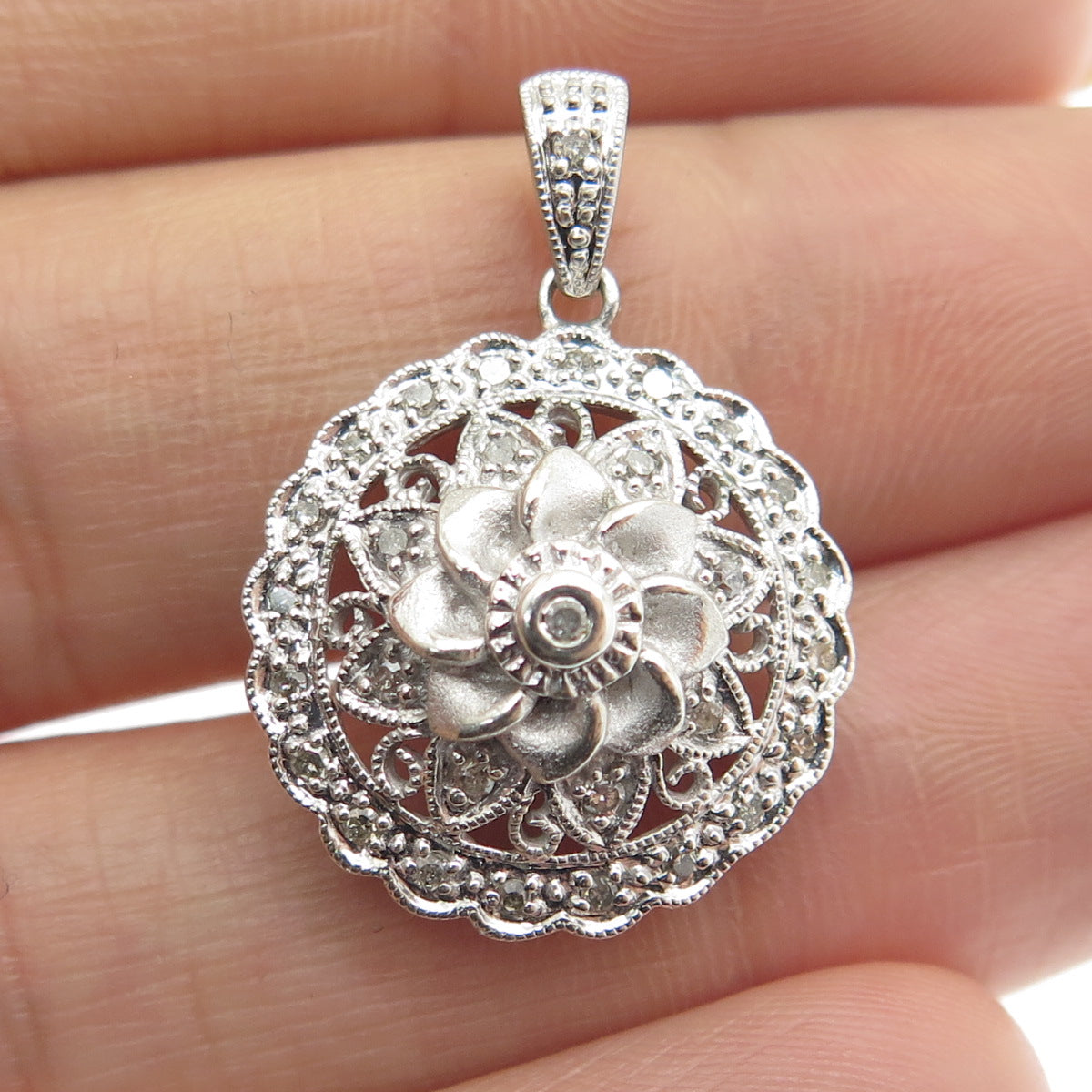 925 Sterling Silver Real Round-Cut Diamond Flower Blossom Pendant