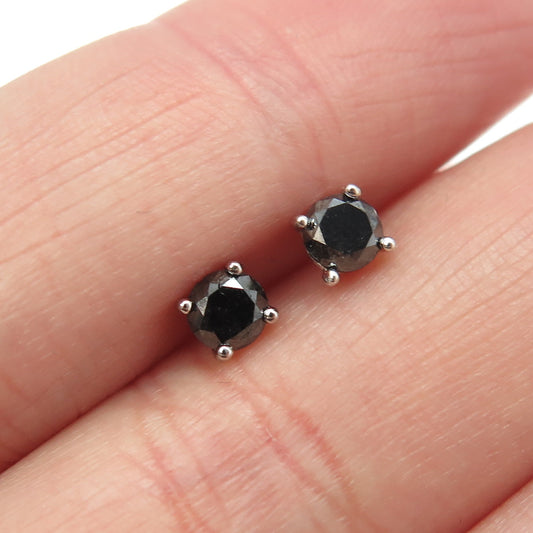 925 Sterling Silver Real Round-Cut Black Diamond Stud Earrings