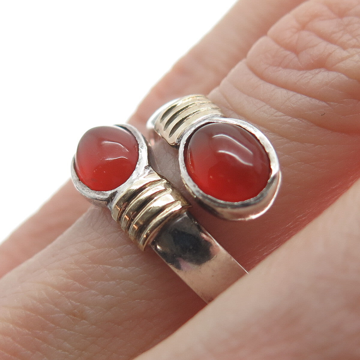 950 Silver & 14K Gold Vintage Real Carnelian Modernist Adjustable Ring Size 6.75
