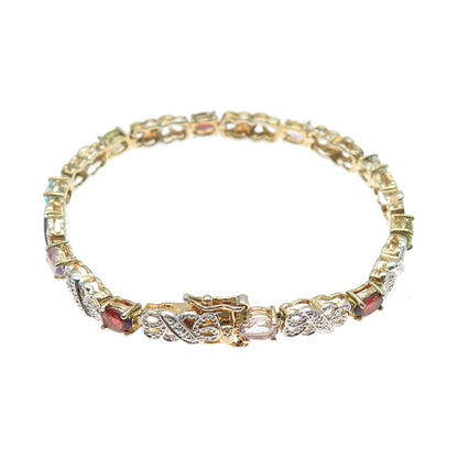 HAN 925 Sterling Silver Gold Plated Diamond Topaz Peridot Garnet Bracelet 7.25"