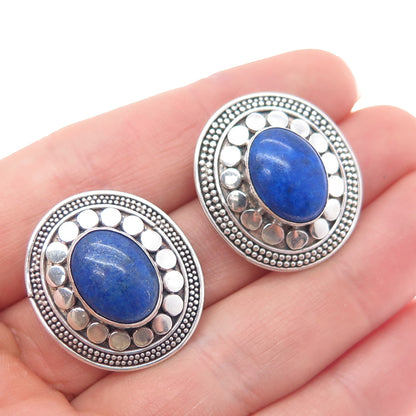 925 Sterling Silver Vintage Real Lapis Lazuli Modernist Dotted Earrings