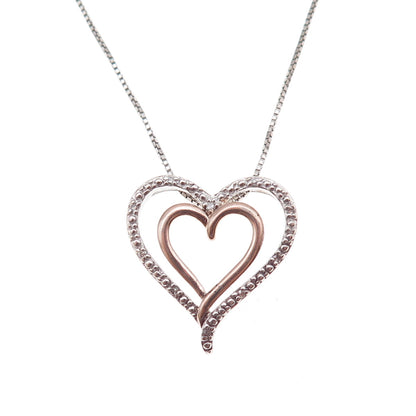 925 Sterling Silver 2-Tone Real Diamond Double Heart Box Chain Necklace 18"