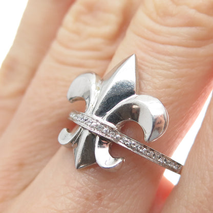 925 Sterling Silver Round-Cut Shaped C Z Fleur-de-Lis Ring Size 8.5