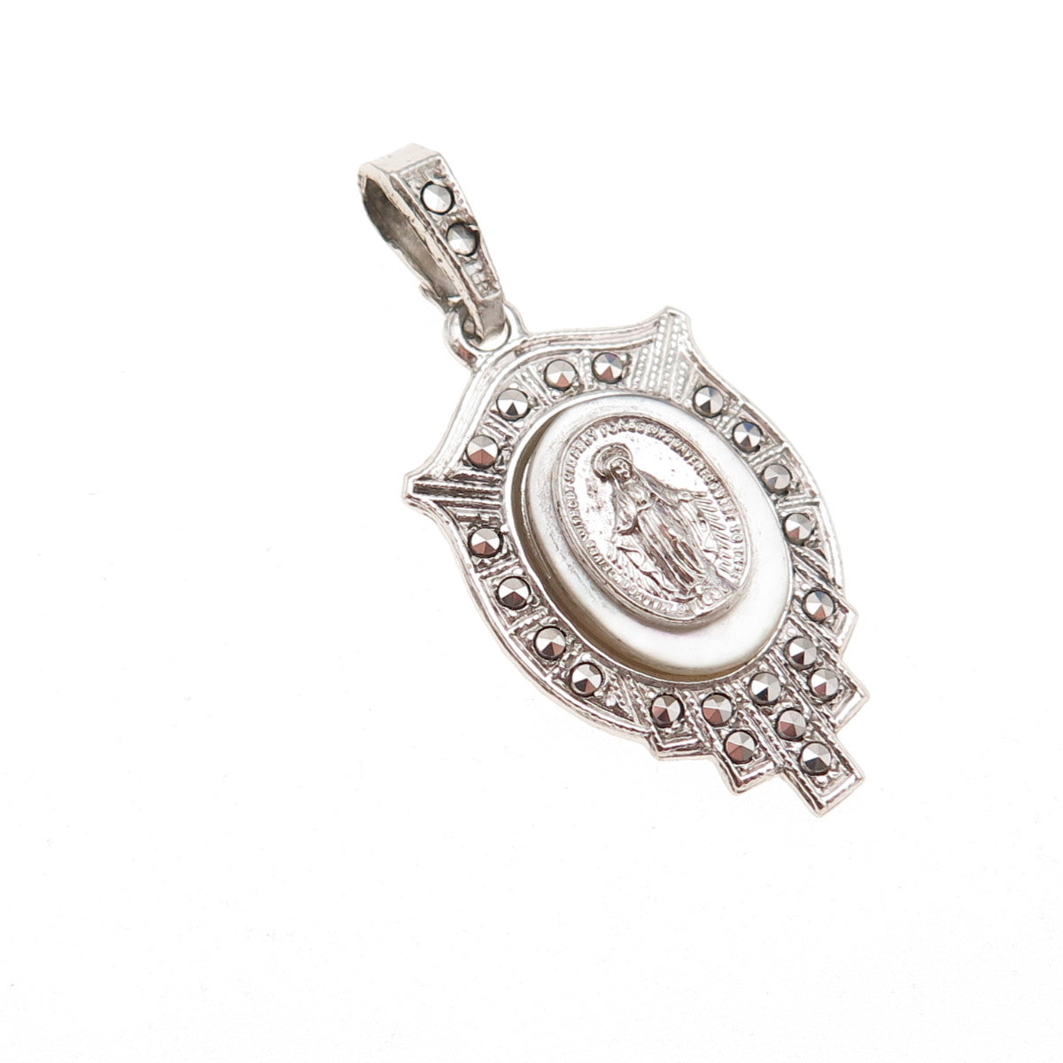 925 Sterling Silver Antique Art Deco Real MOP & Marcasite St. Mary Charm Pendant