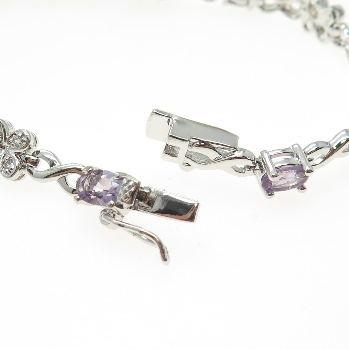 FADI 925 Sterling Silver Real Amethyst & C Z Flower Infinity Link Bracelet 7.5"