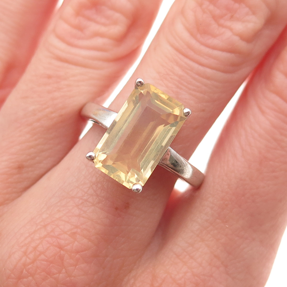 925 Sterling Silver Vintage Real Emerald-Cut Canary Opal Ring Size 8.5
