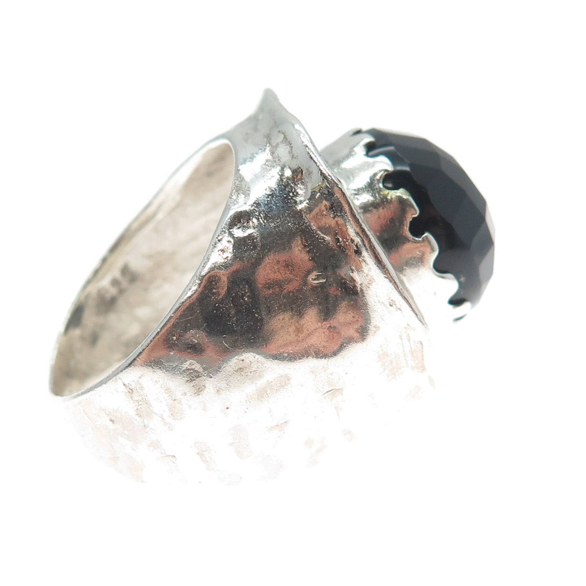 925 Sterling Silver Vintage Real Black Onyx Modernist Hammered Ring Size 8.25