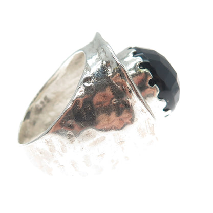 925 Sterling Silver Vintage Real Black Onyx Modernist Hammered Ring Size 8.25