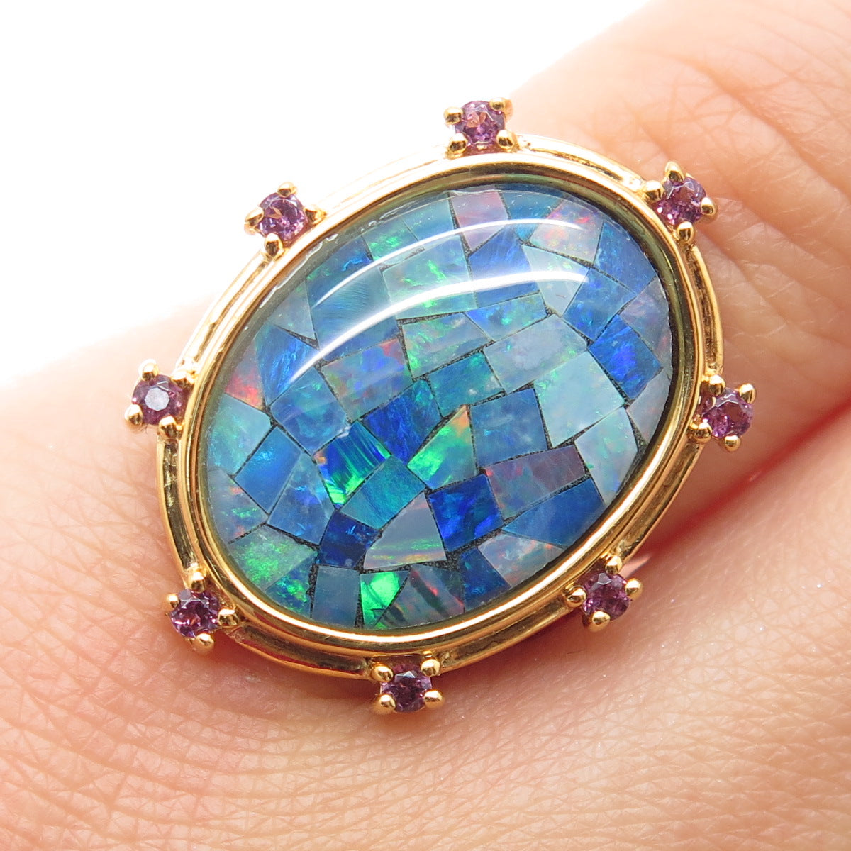 DASAN INC 925 Sterling Silver Gold Plated Real Opal Inlay & Amethyst Ring Size 5