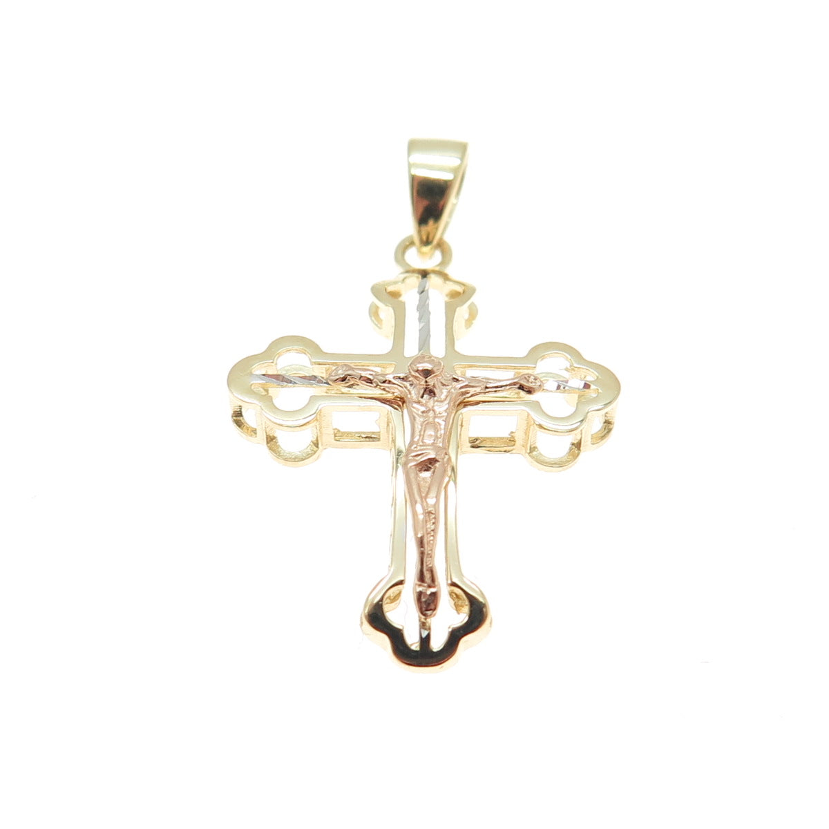 14K Yellow Rose & White Gold Crucifix Cross Religious Charm Pendant