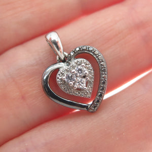 925 Sterling Silver Black Rhodium Round-Cut C Z Heart Minimalist Charm Pendant