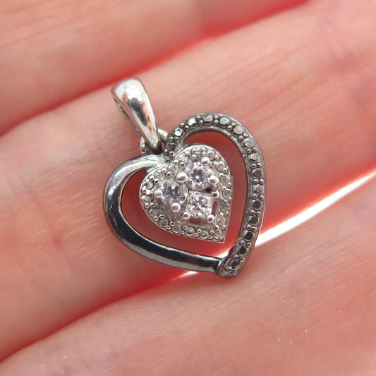 925 Sterling Silver Black Rhodium Round-Cut C Z Heart Minimalist Charm Pendant