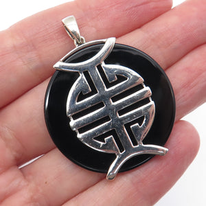 925 Sterling Silver Vintage Real Black Onyx Chinese Character Good Luck Pendant