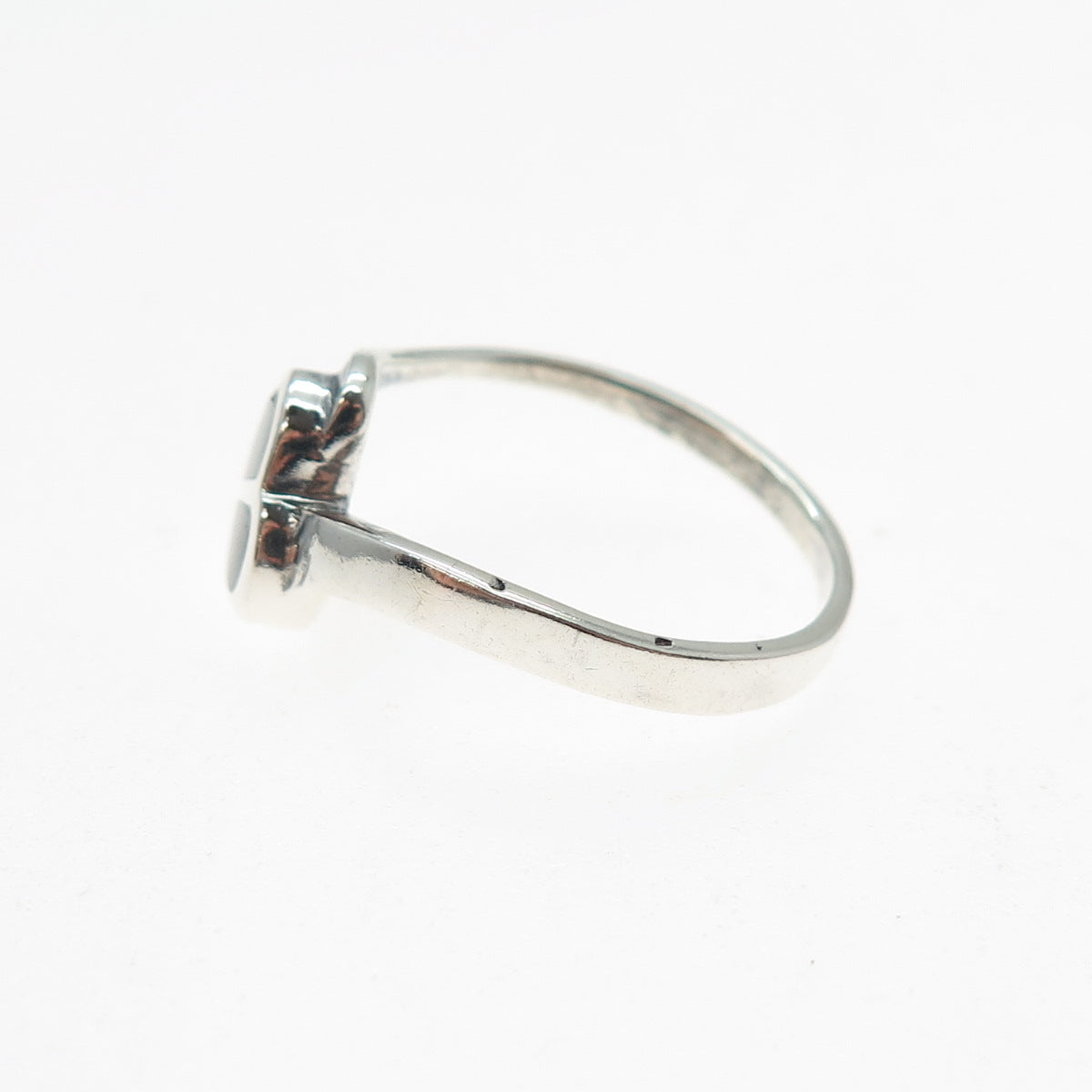 925 Sterling Silver Vintage Real Black Onyx Modernist Heart Ring Size 8