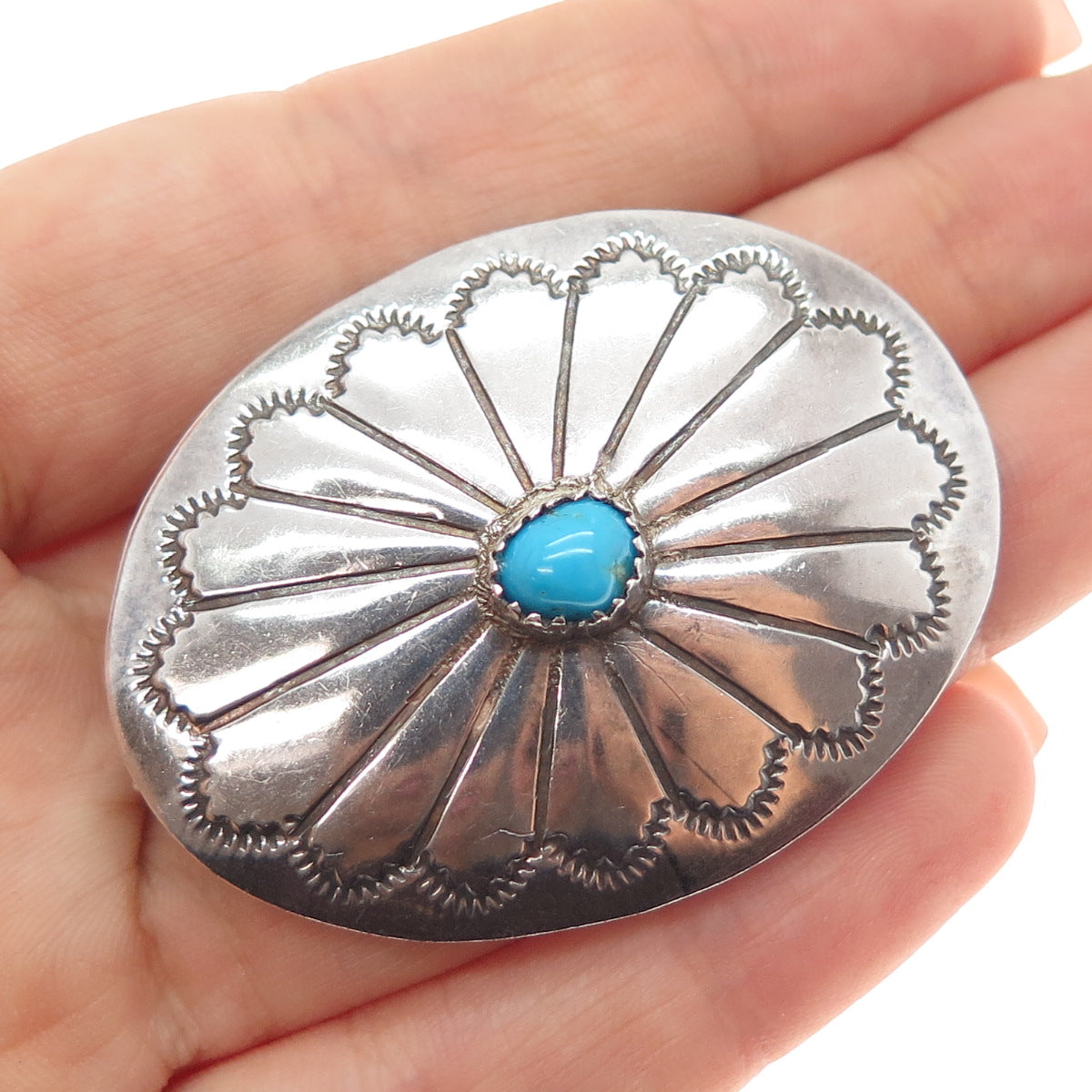 Old Pawn Sterling Silver Vintage Turquoise Snake Eye Concho Pin Brooch / Pendant