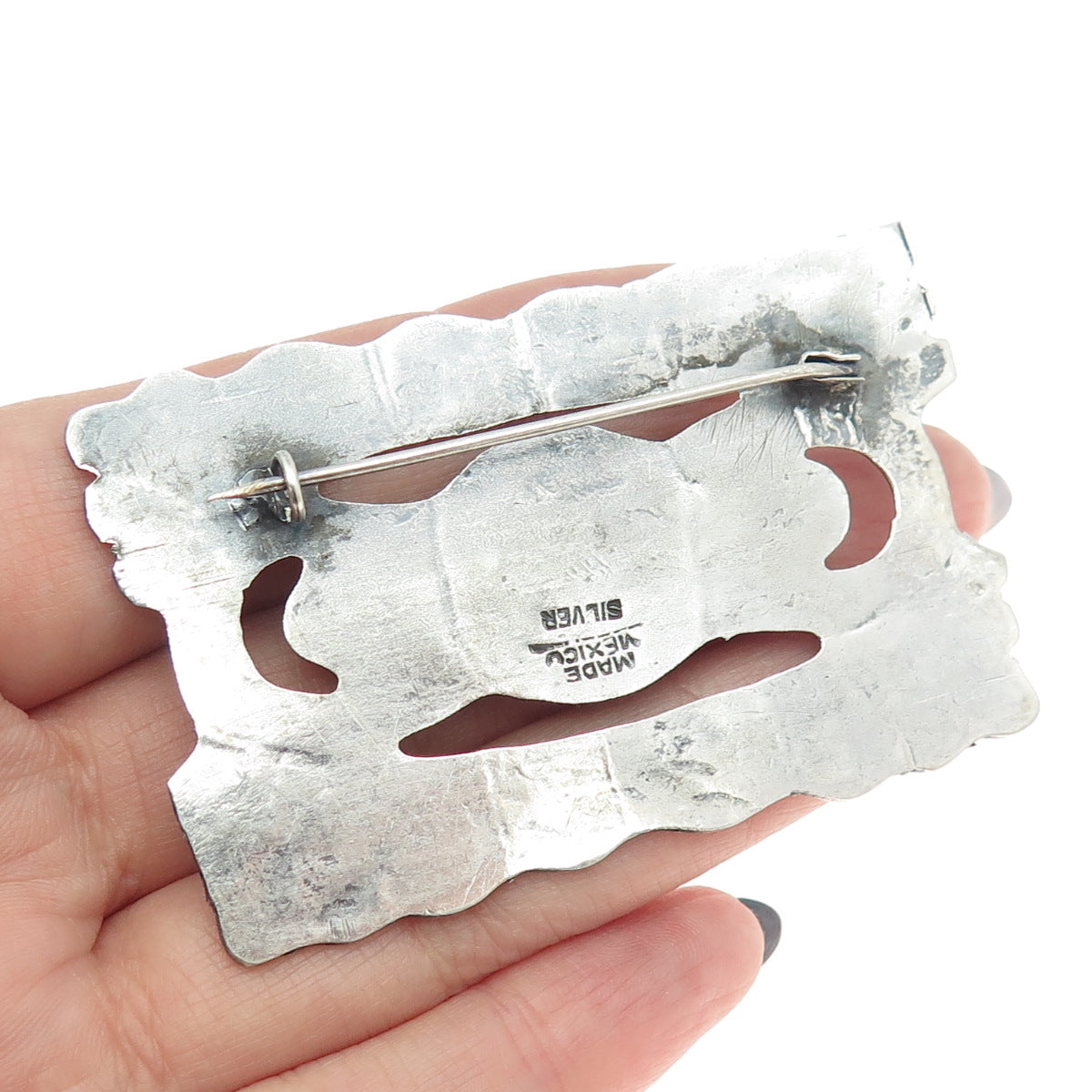 925 Sterling Silver Vintage Mexico Real Turquoise Aztec Tribal Pin Brooch