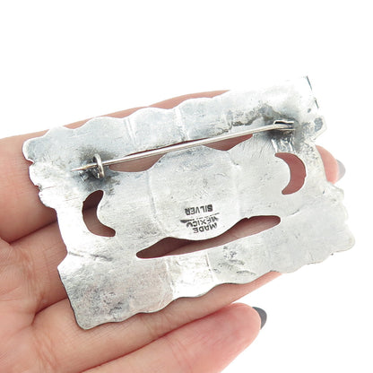 925 Sterling Silver Vintage Mexico Real Turquoise Aztec Tribal Pin Brooch