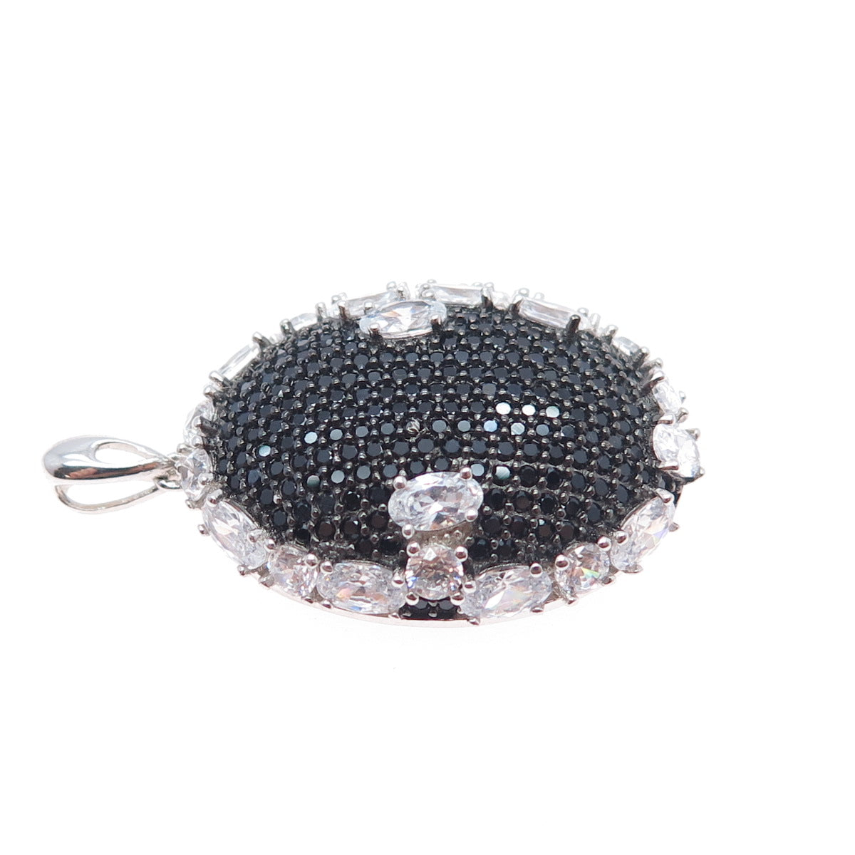 925 Sterling Silver Real Round-Cut Black Spinel & Oval-Cut C Z Charm Pendant