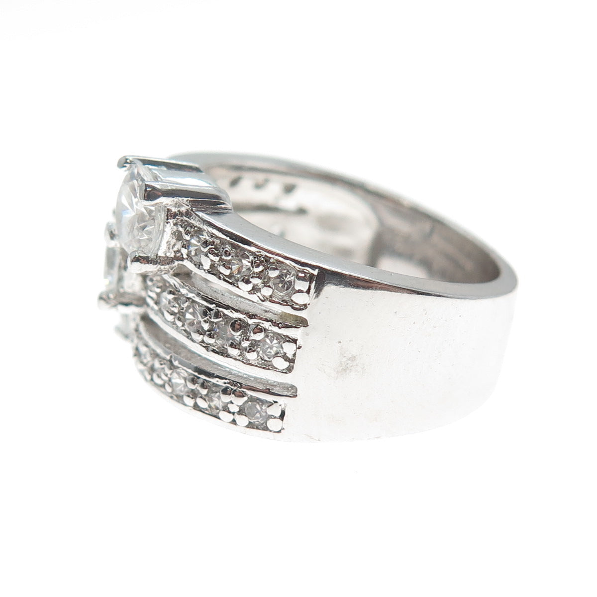 925 Sterling Silver Round-Cut C Z 3-Row Promise Ring Size 7.5