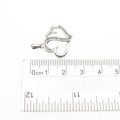 925 Sterling Silver Real Round-Cut Diamond Couple Heart Mini Charm Pendant