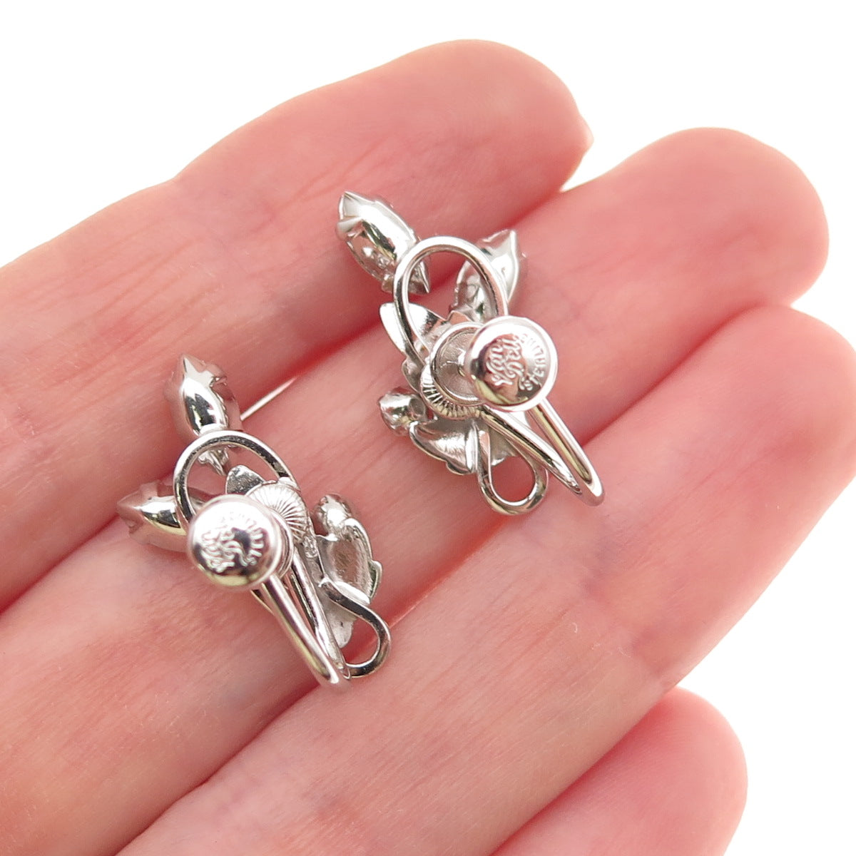 Van Dell Sterling Silver Antique Art Deco Rhinestone Floral Screw Back Earrings
