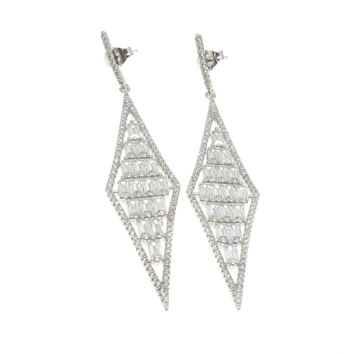 925 Sterling Silver Emerald-Cut Shaped C Z Rhombus Elongated Dangling Earrings