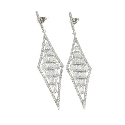 925 Sterling Silver Emerald-Cut Shaped C Z Rhombus Elongated Dangling Earrings