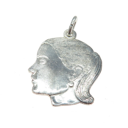 925 Sterling Silver Vintage Pom Pom Girl Profile Charm Pendant