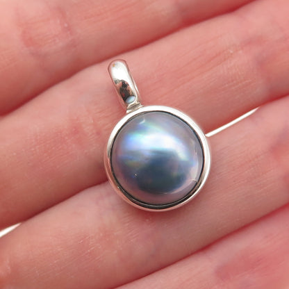 925 Sterling Silver Vintage Real Tahitian Blue Pearl Charm Pendant