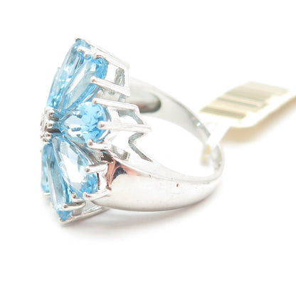 925 Sterling Silver Real White Diamond & Swiss Blue Topaz Gem Ring Size 7.25