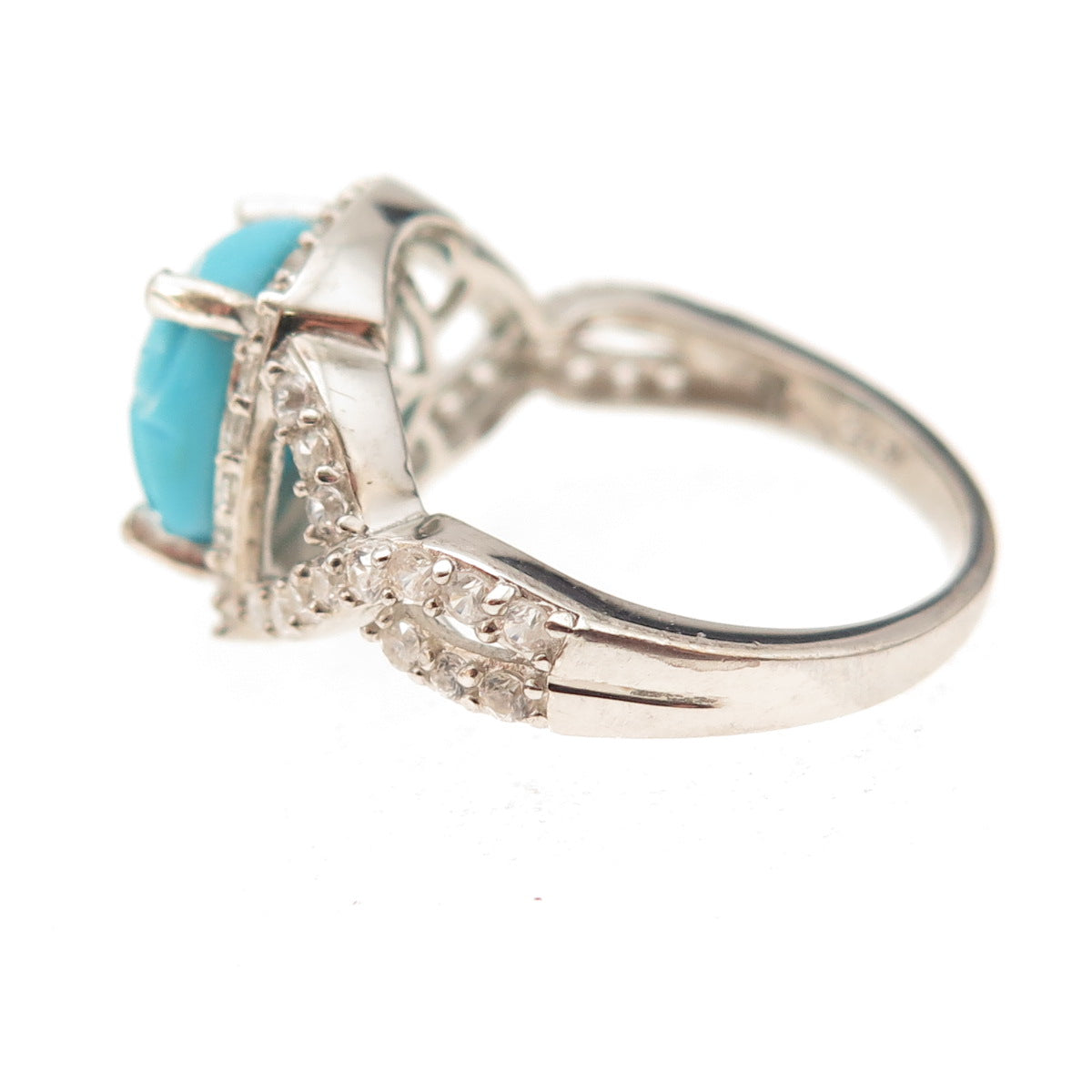D'Joy 925 Sterling Real Sleeping Beauty Turquoise White Topaz Floral Ring Size 8