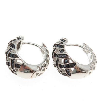 925 Sterling Silver Round-Cut Black C Z Woven Hoop Earrings