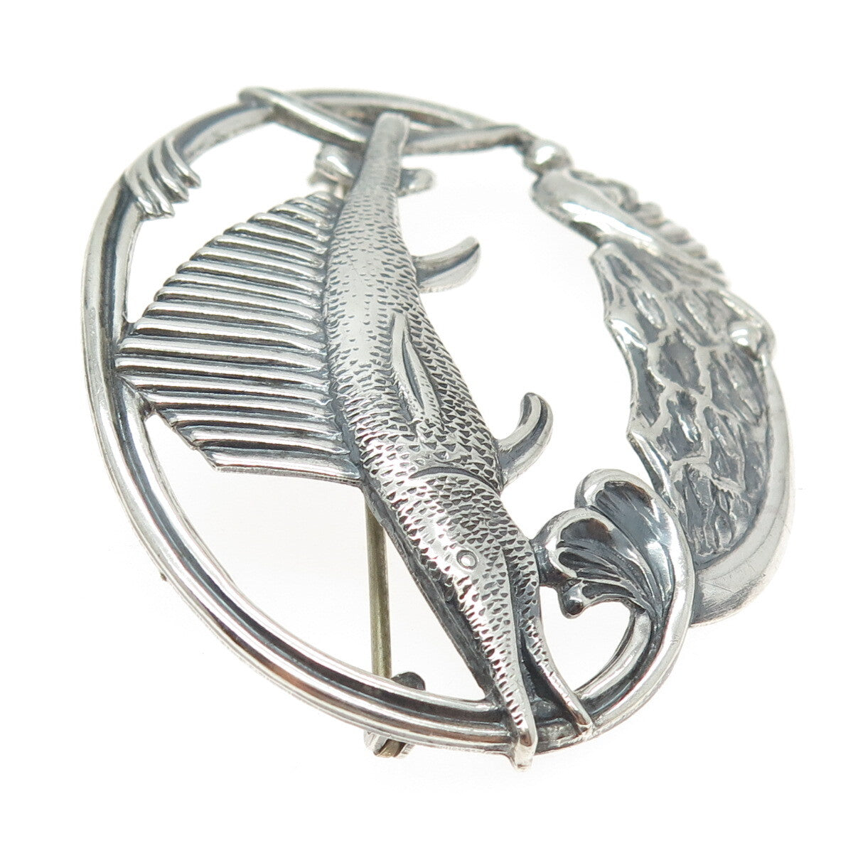 925 Sterling Silver Antique Art Deco Sailfish Repousse Pin Brooch