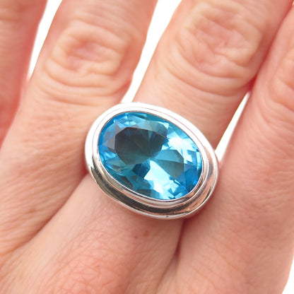 925 Sterling Silver Vintage Oval-Cut Blue C Z Modernist Ring Size 7