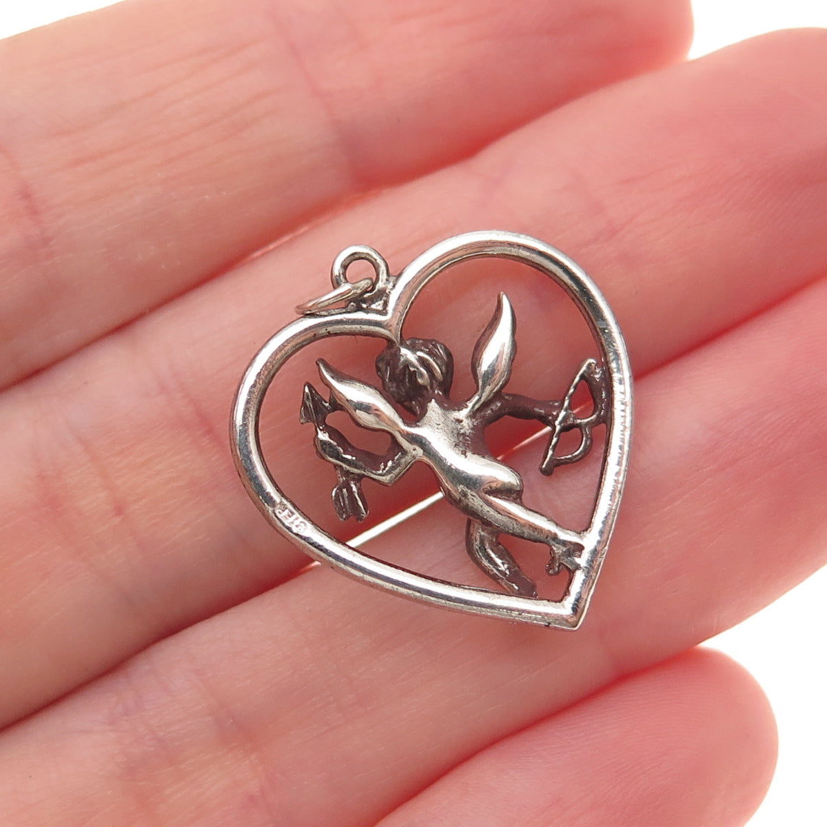 925 Sterling Silver Vintage Cupid Heart Oxidized Charm Pendant