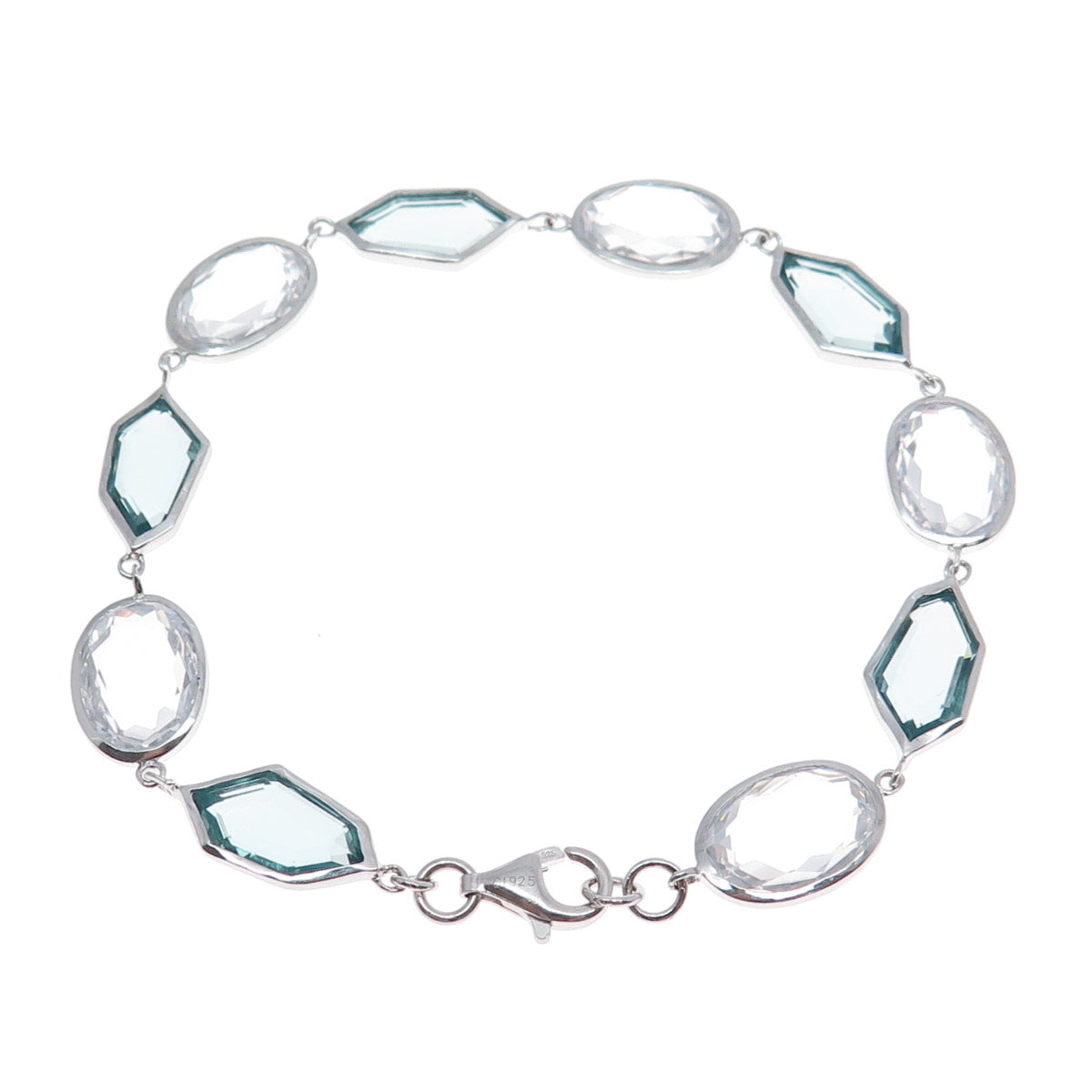 925 Sterling Silver Multi-Cut White & Blue C Z Modernist Link Bracelet 8"