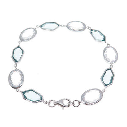 925 Sterling Silver Multi-Cut White & Blue C Z Modernist Link Bracelet 8"
