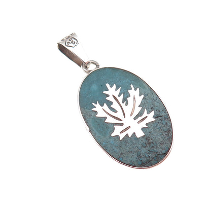 925 Sterling Silver Vintage Mexico Real Turquoise Inlay Cannabis Leaf Pendant