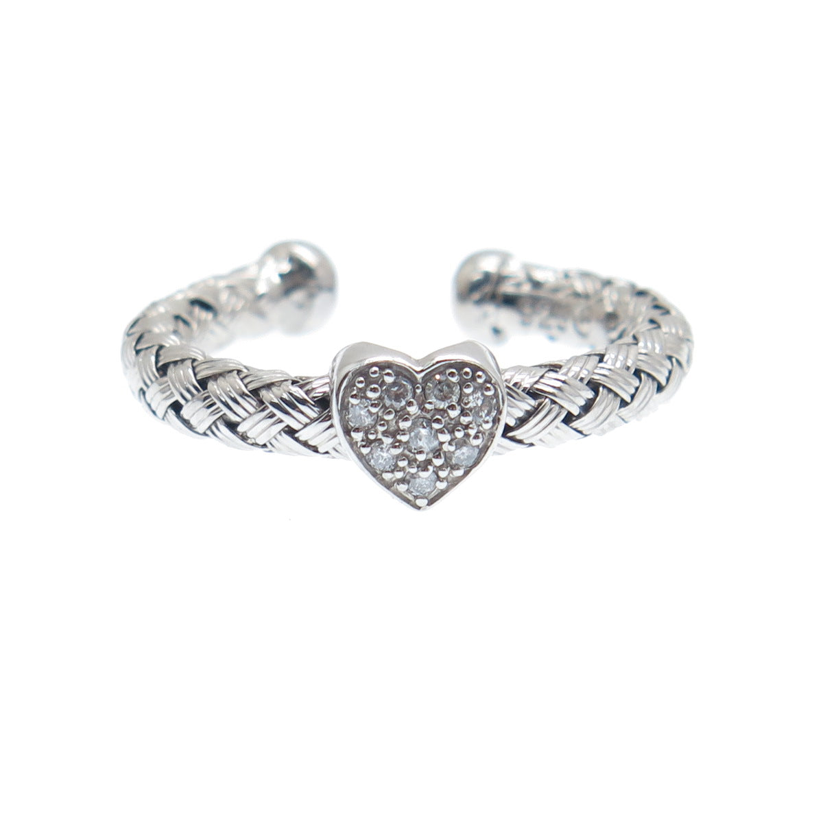 925 Sterling Silver Real Round-Cut Diamond Adjustable Woven Ring Size 6.75