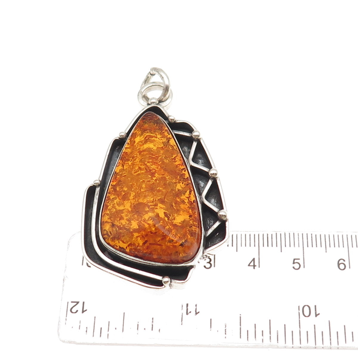 925 Sterling Silver Vintage Real Amber Modernist Oxidized Pendant
