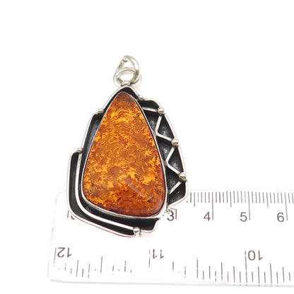 925 Sterling Silver Vintage Real Amber Modernist Oxidized Pendant