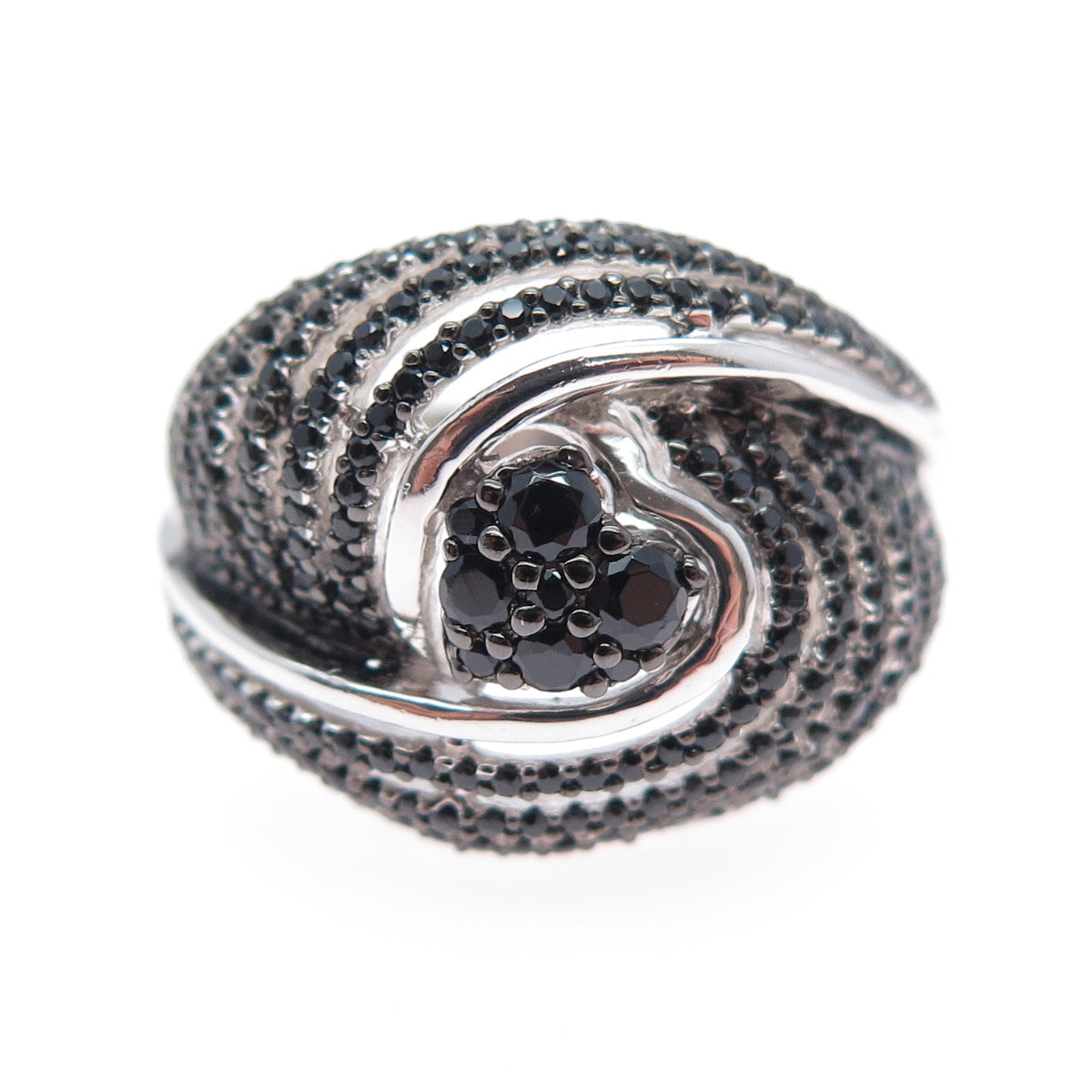925 Sterling Silver Real Round-Cut Black Spinel Heart Dome Ring Size 8.25