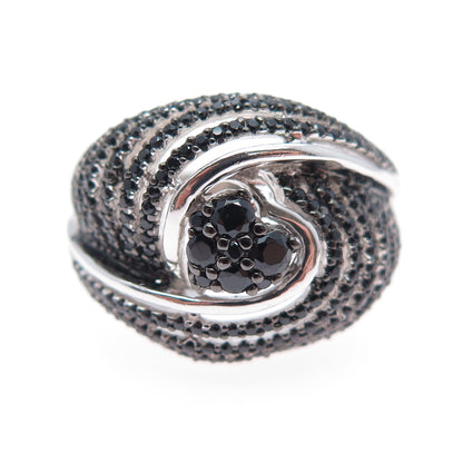 925 Sterling Silver Real Round-Cut Black Spinel Heart Dome Ring Size 8.25