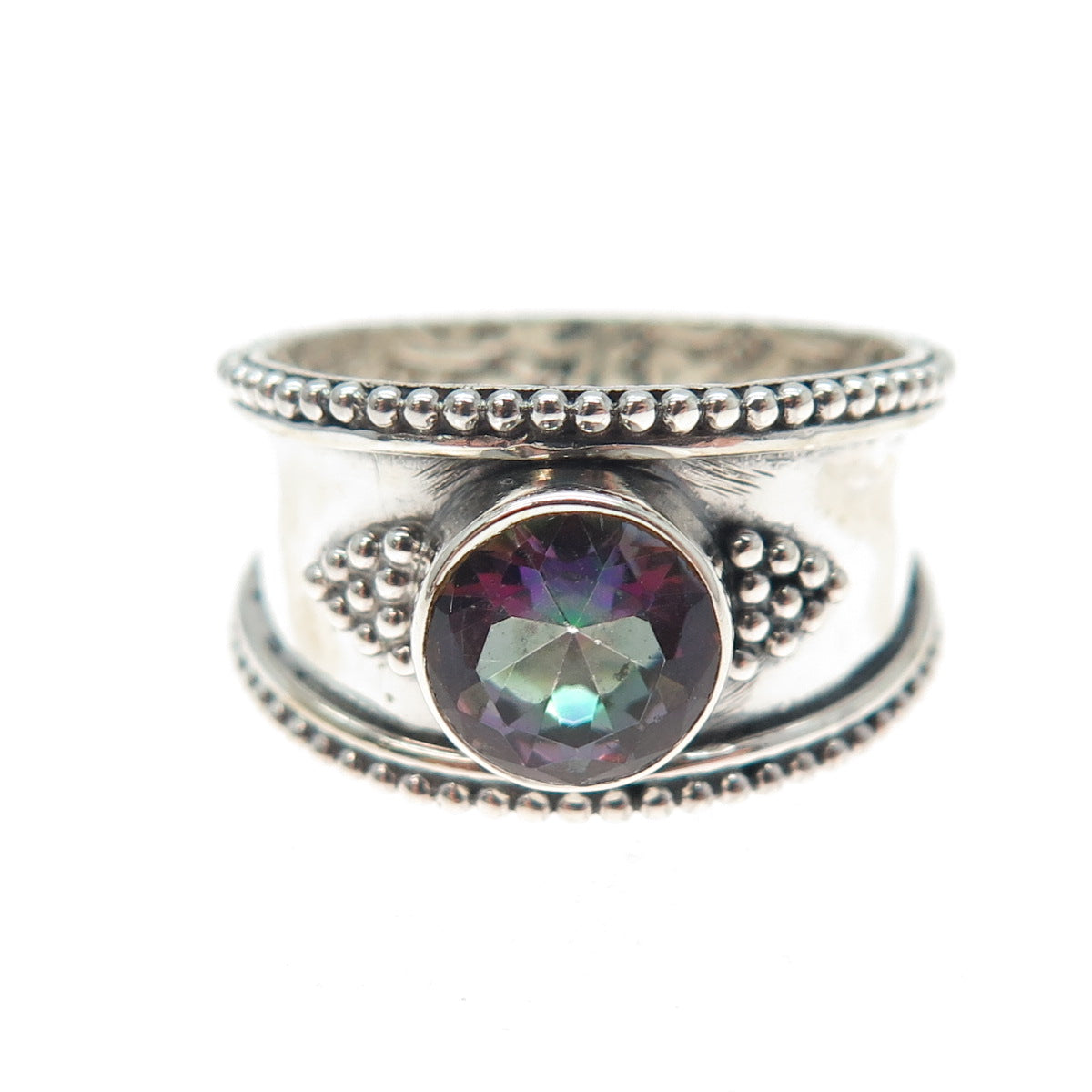 925 Sterling Silver Vintage Real Mystic Quartz Granulated Ring Size 7.5