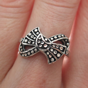 925 Sterling Silver Vintage Diamond-Cut Ribbon Bow Oxidized Ring Size 6.75