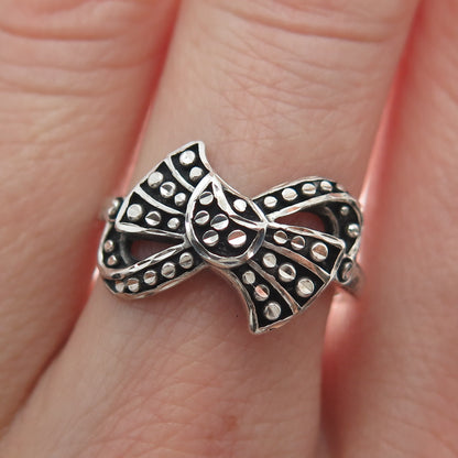 925 Sterling Silver Vintage Diamond-Cut Ribbon Bow Oxidized Ring Size 6.75