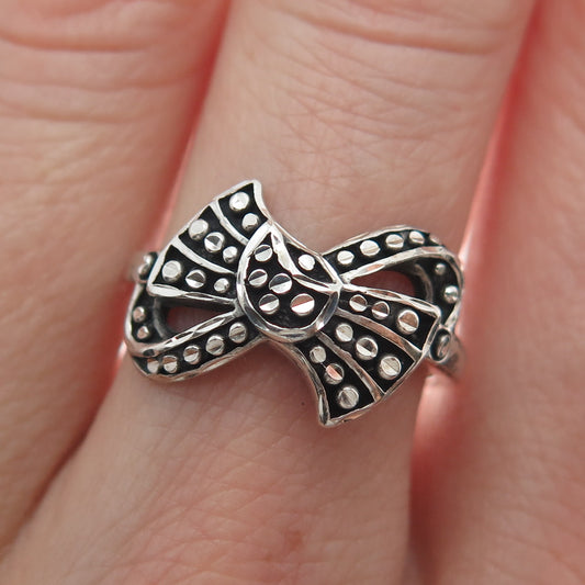 925 Sterling Silver Vintage Diamond-Cut Ribbon Bow Oxidized Ring Size 6.75