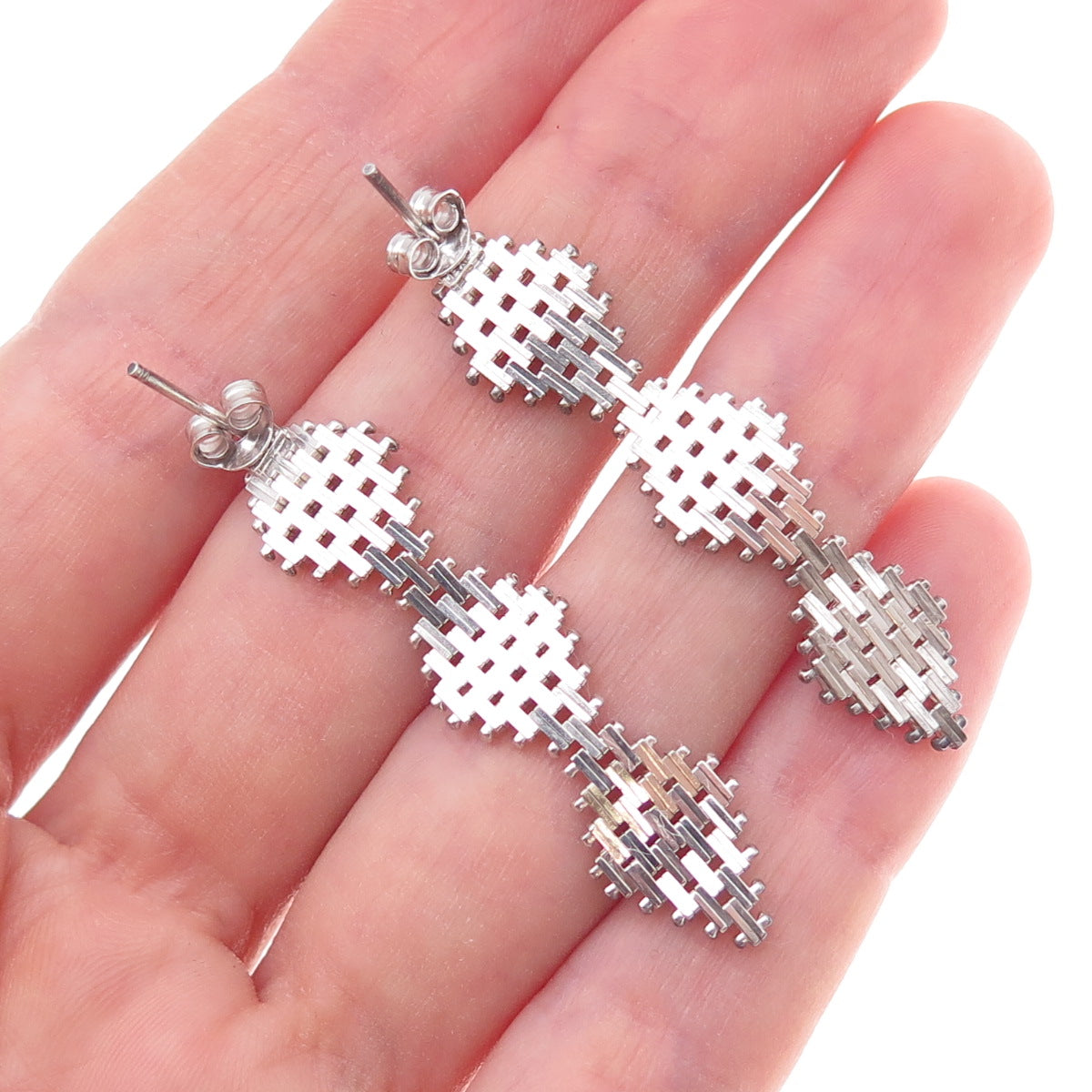 925 Sterling Silver Vintage Mexico Diamond-Shape Mesh Dangle Earrings