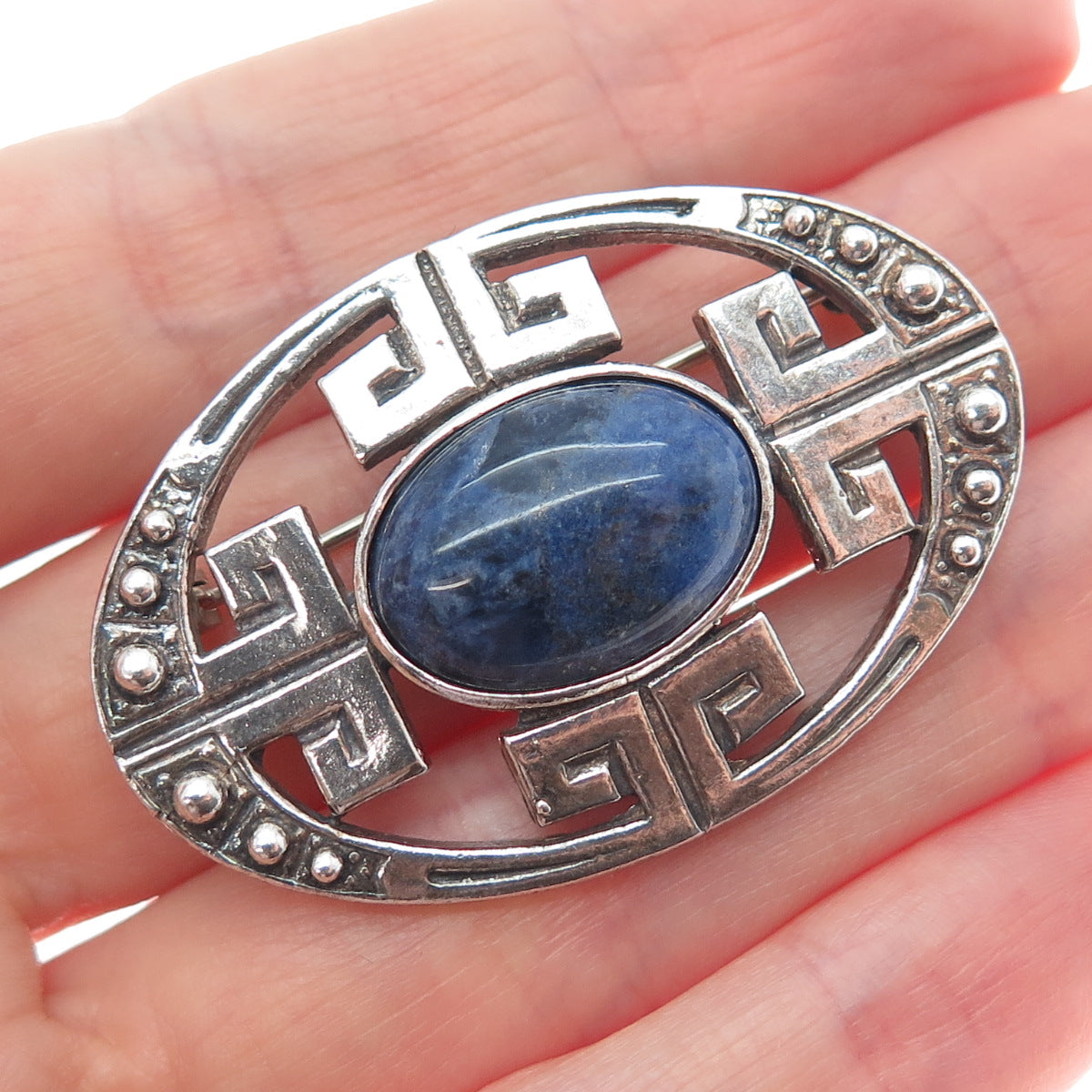 925 Sterling Silver Vintage Real Sodalite Greek Key Oxidized Pin Brooch